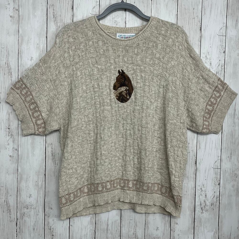 Vintage Chelsea Gardens Textured Knit Horse Shoe Short Sleeve Sweater Large